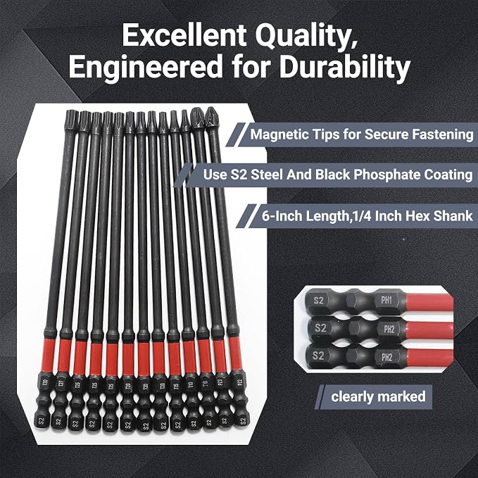 63-Pcs Impact Screwdriver Bits Set, Magnetic S2 Steel Phillips/Square/Torx/Hex Insert Power Bits Tips Screw Extractor Set with Bit Magnetizer, Quick Release Extension and Ratchet Screwdriver Handle