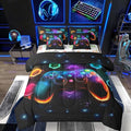 Game Consoles Gamer Bedding Set King Bed in a Bag 7 Piece Gamer Gifts,Gaming Comforter Sets for Boys Space Glow Geometric Kids Comforter Sets Boys Red Green Blue Teal,Gamer Room Decor for