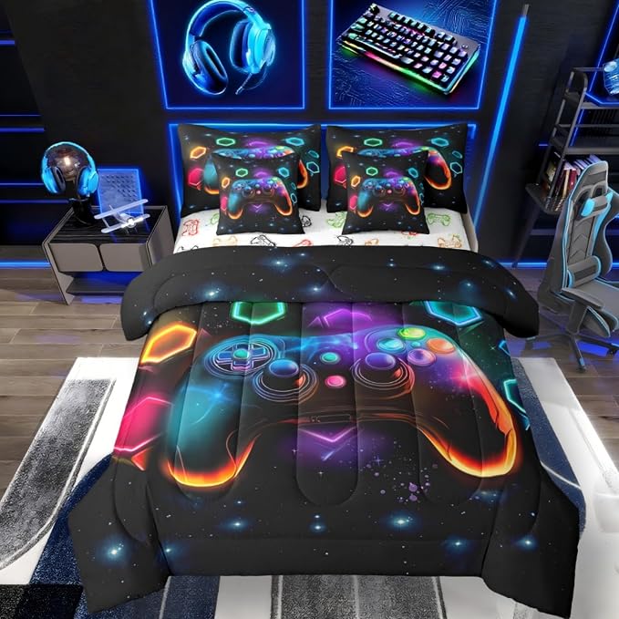 Game Consoles Boys Full Size Bedding Set Bed in a Bag 7 Piece Gamer Gifts,Gaming Comforter Sets for Boys Space Glow Geometric Kids Comforter Sets Red Green Blue Teal,Gamer Decor for Bedroom