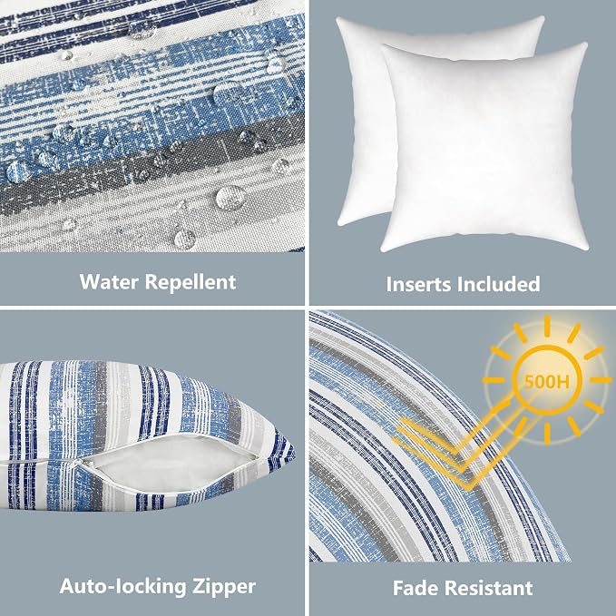 LVTXIII Outdoor Pillows 20x20 Inch, 2 Pack Large Decorative Square Throw Pillows with Inserts for Couch, Bed, Floor Seating, Patio Furniture, Stripe Layered Blue