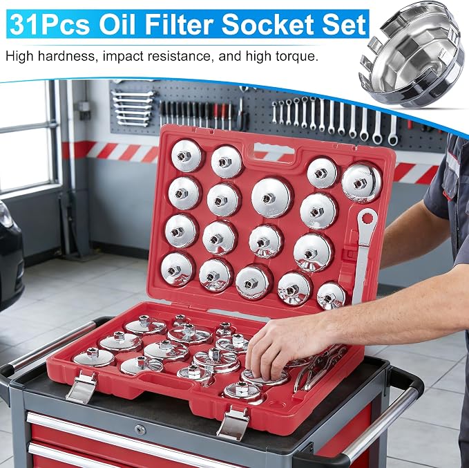 35PCS Oil Filter Wrench Set, 1/2" Drive Cup Type, Stainless Steel | Stainless Steel 1/2 Inch Drive Cup Type Remover Tool with Drain Plug Sockets for Car, SUV(Red-35PCS)