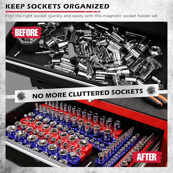 SEDY 12-Piece 1/4" 3/8" 1/2"-Drive SAE & Metric Magnetic Socket Organizer Set (Holds 143 Sockets) -Detachable Tool Tray with 5mm Magnetic Base for Garage/Home(Sockets Not Included)