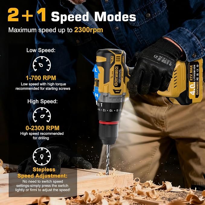 Cordless Hammer Drill 1239In·lbs - 21V Brushless Electric Power Impact Drill Set w/ 2 x 4.0Ah Battery & 1/2" Self-Locking Metal Chuck & 42PCs Accessory for Drilling Wood Bricks Metal Concrete