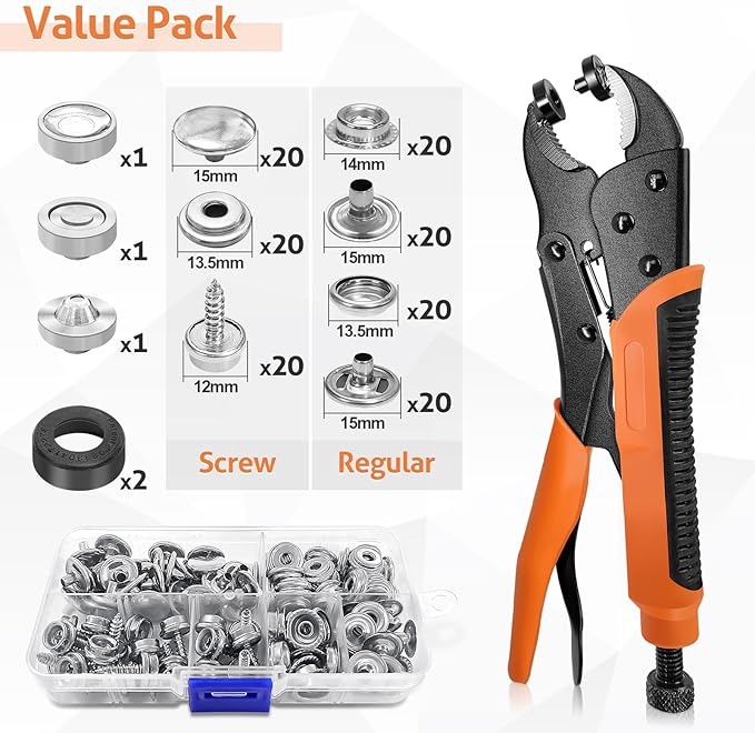 Heavy Duty Snap Fastener Tool, Snap Tool with 3 Dies, 40 Set 15mm Stainless Snaps and 2Pcs Rubber Ring, for Boat Cover, Canvas, Tarps, Leather Snaps Installation and Repairing