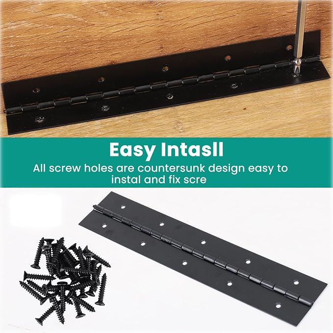 2Pcs 16inch Black Heavy Duty Continuous&Piano Hinges,1.2" Open Width Stainless Steel Piano Hinge with Holes and Screws,Working for Wood Box,Wood Furniture,Piano Cabinets