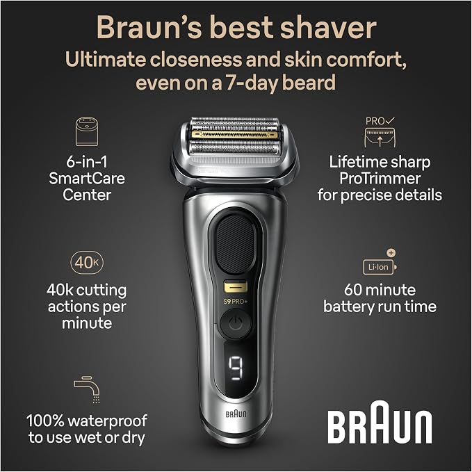 Braun Series 9 PRO+ Electric Razor for Men, 5 Pro Shave Elements & Precision Long Hair Trimmer, 6in1 SmartCare Center, Wet & Dry Electric Shaver for Smooth Skin with 60min Battery Runtime, 9567cc