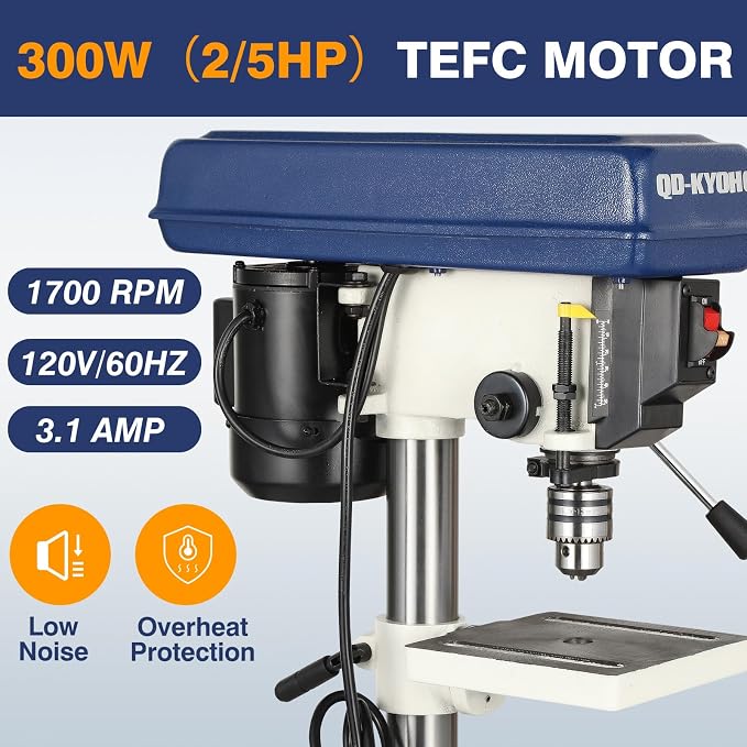 QK-KYOHO 8" Benchtop Drill Press - 3.1A Motor Drill Press Heavy-Duty Cast Iron Head - Bench Drill Press 5 Speed Adjustable (620-3100 RPM) - 0-45°Tilting&Height Adjustable Table Drill Presses