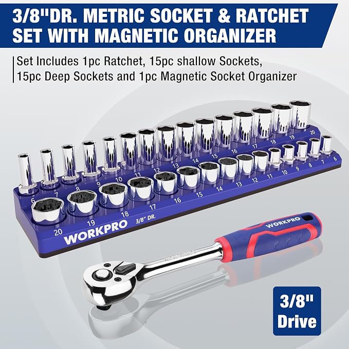 WORKPRO 32-Piece 3/8-inch Drive Metric Sockets and Ratchet | 30 Metric Deep and Shallow Sockets, 6-20mm with Magnetic Organizer, 72-Tooth Quick Release Reversible Ratchet, Auto Repair