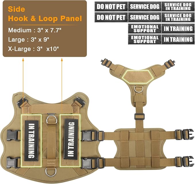 Tactical Dog Harness with Dog Leash, Service Working MOLLE Vest with 10 Pet Patches for Large Dog, No Pull Military Harness and Backpack for Training Hunting Walking