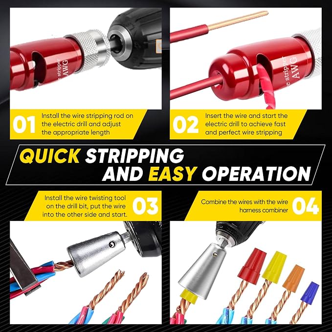 Mriykio Wire Stripper Tool & Wire Twister Tool for Drill, 6-14 AWG, 8-in-1 Electrician Tools Kit, Fits 1/4" Hex Drills, Wire Stripper for Drill with Storage Case, for Electricians & DIY Users