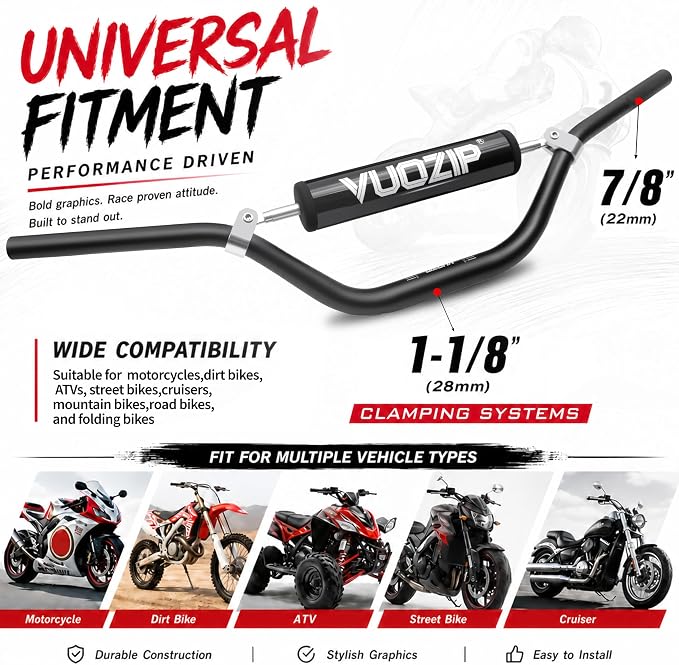 1-1/8" 28mm Mid-Rise Dirt Bike Handlebars - 6061-T6 Aluminum Heavy-Duty Handlebar with Foam Pad, Grips & Riser Clamp Kit, Universal Fit for Motocross Pit Bike ATV Quad (Type-C)