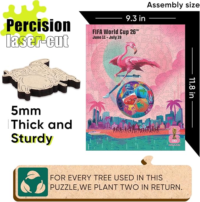 FIFA World Cup 2026 City Puzzle Miami Poster - Wooden Puzzle for Adult, 200 Pieces Unique Shape Puzzle, 5MM Thick, Creative Collectible Gift for Fans, Officially Licensed Product, 9.3x11.8''