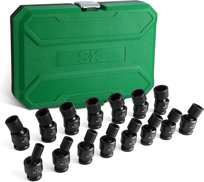 SK 1/2" Drive Swivel Impact Socket Set, Universal Joint Socket, 15-Piece | 10, 11, 12, 13, 14, 15, 16, 17, 18, 19, 20, 21, 22, 23, 24mm, Premium CR-MO Steel, SureGrip 6 Point Design, Storage Case