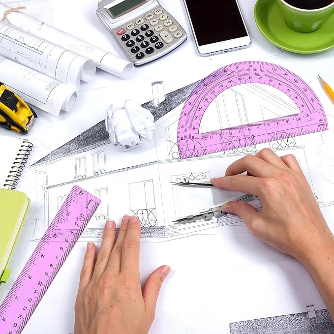 Zonon 3 Pcs Plastic Ruler 6 Inch Protractor Drawing Compass Set, Student Geometry Math Transparent Measuring Tools for Home School Classroom Office Supplies(12 Inch,Pink)