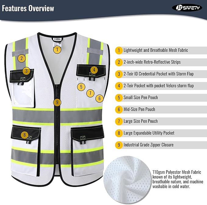 JKSafety Hi Vis Reflective Safety Vests for Men Women High Visibility Vest with Pockets Mesh Fabric Construction Safety Apparel Neon Vest for Work (220-White M)