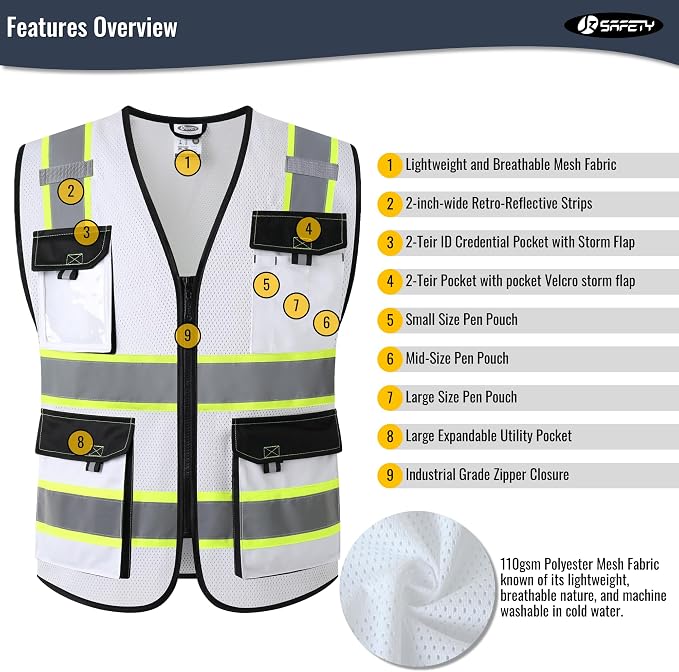 JKSafety Hi Vis Reflective Safety Vests for Men Women High Visibility Vest with Pockets Mesh Fabric Construction Safety Apparel Neon Vest for Work (220-White XL)