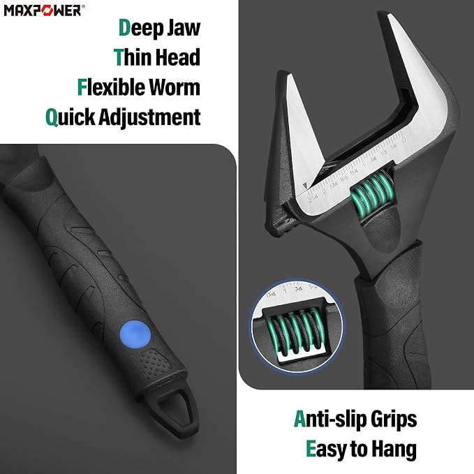 MAXPOWER 12-inch Wide Jaw Adjustable Wrench, 2.4" Jaw Opening, Cr-V Steel | Stubby Plumbing Wrench, Soft Grips, Smooth Jaws