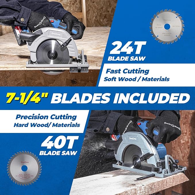 Dong Cheng 20V MAX 7-1/4'' Brushless Cordless Circular Saw Kit, 0-45 Degree Bevel Capability, with Dust Collection Adaptor, 24T and 40T TCT Blade Included, 4.0Ah Battery and Charger Kit