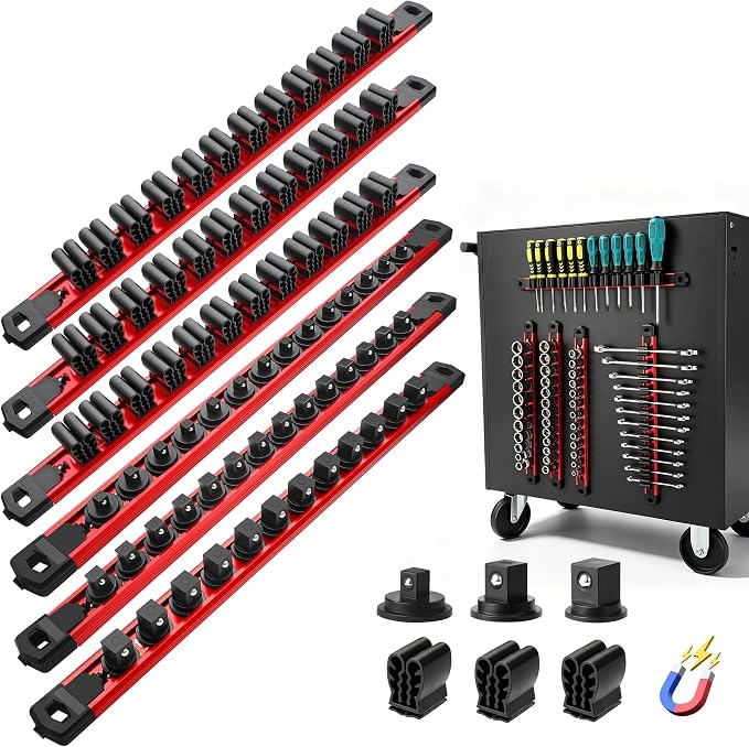Reniteco 6-Piece Magnetic Socket Organizer and Screwdriver Organizer Set | 3-Piece 1/4", 3/8" & 1/2" Drive Socket Rails, 3-Piece Wrench Screwdriver Holder, Interchangeable Clips, Aluminum Alloy Rail
