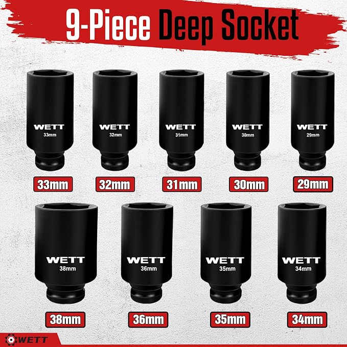 WETT 1/2" Drive Deep Large Impact Socket Set, 9-Piece Spindle Axle Nut Metric 6 Point Sockets Set, CR-V, 29mm-38mm