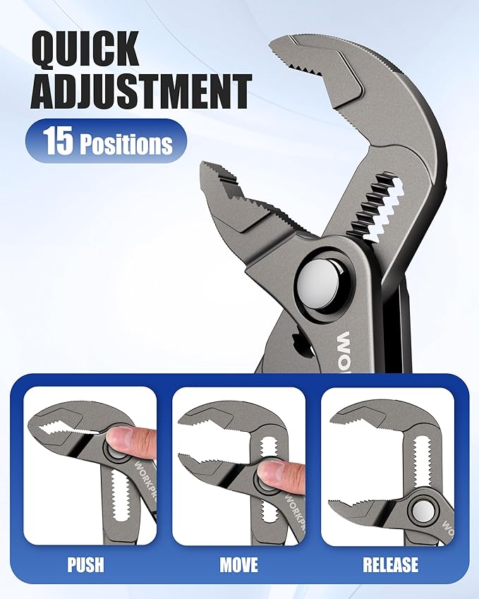 WORKPRO Mini Water Pump Pliers, 4-Inch Groove Joint Pliers, Fast Adjustable Tongue and Groove Plier with 15-Position Push-Lock, V-Jaw for Multi-Surface Grip, EDC Plier for Tight Spaces & Versatile Use