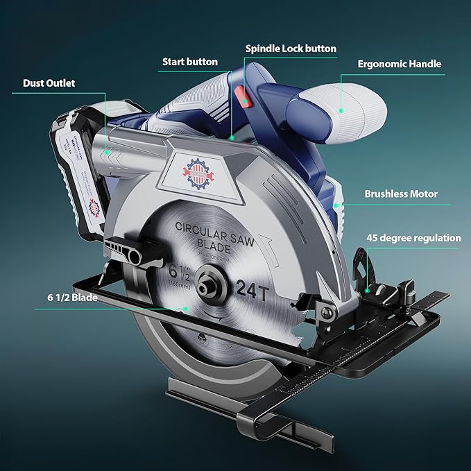 Brushless 20V 6-1/2In Cordless Circular Saw with Brake, 5600 RPM, 4.0Ah Battery Circular Saw Kit with Fast Charger, Cutting Depth 2-1/4" (90°), Adjustable 0-45°Bevel Capability, 2 Blades (24T+60T)