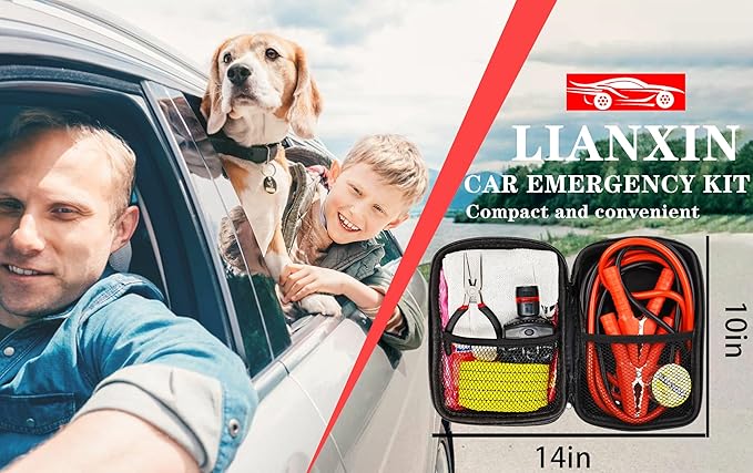 LIANXIN Car Emergency Roadside Tool Kit, Auto Emergency Kits Vehicles, with Jumper Cables kit，Car Safety Roadside Assistance Kit,Headlamp,Tow Straps,Needle Nose Pliers,Rainwear,Gloves.Matcha Green