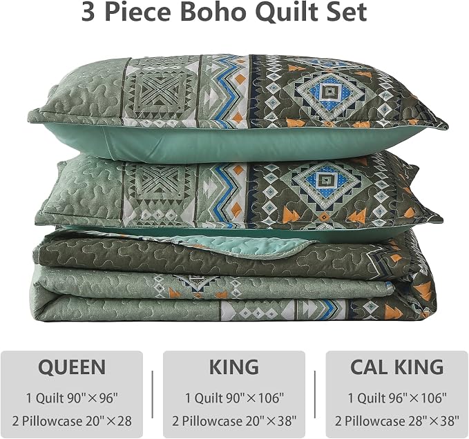 WONGS BEDDING Boho Quilt Set California King,3 Piece Olive Green Oversize Fall Bedspread Coverlet Set with Geometry Printed for All Season, Lightweight Oversized Bohemian Bedding Set 106"×96"