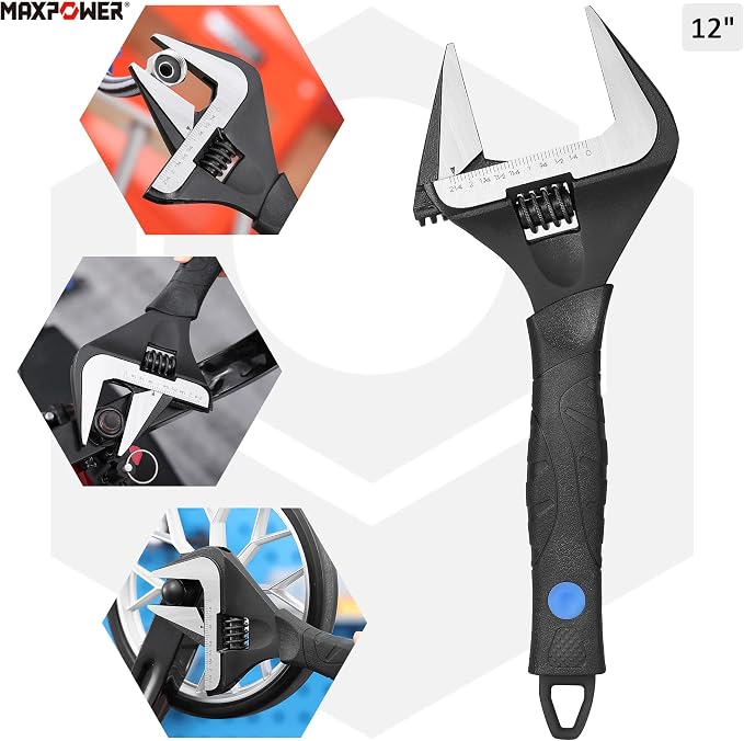 MAXPOWER 12-inch Wide Jaw Adjustable Wrench, 2.4" Jaw Opening, Cr-V Steel | Stubby Plumbing Wrench, Soft Grips, Smooth Jaws