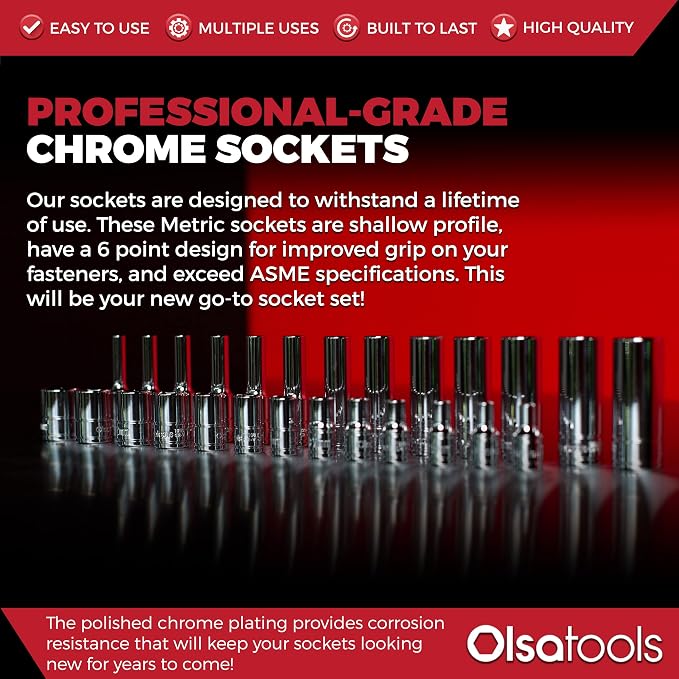 Olsa Tools 1/4-Inch Drive SAE Deep Socket Set - 14pc | 6-Point Chrome Vanadium Sockets, 4mm–15mm, No Skipped Sizes - Professional-Grade SAE Socket Sets - Part: 1328