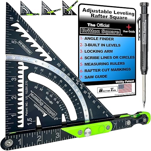 Britton Square® 7-Inch Rafter Square: Patented Locking Pivot Arm & Angle Finder | Precision Aluminum Rafter Square with 3 High-Visibility Levels | Professional Grade Woodworking & Framing Tool