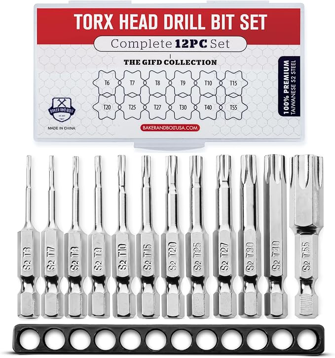 Baker and Bolt Torx Head Drill Bit Set - Premium12pc Set w/Storage Case T6 - T55 1/4in Hex Shank Magnetic Star Security Kit Long 2inch Torx Key Bits S2 Steel for drills and Impact Drivers