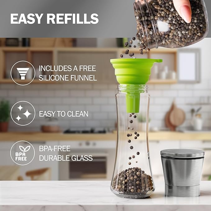 Home EC Premium Stainless Steel Sea Salt and Pepper Grinder Set of 2 - Adjustable Ceramic - Tall Glass Salt and Pepper Shakers - Kitchen Spice Mill W/Funnel & EBook