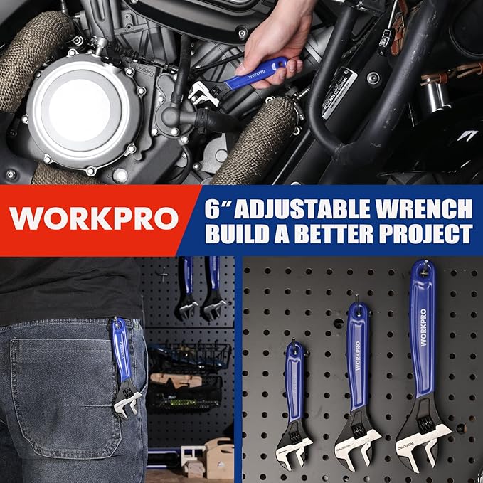 WORKPRO 6-Inch Compact Adjustable Wrench, Wide Jaw Cr-V Steel Black Oxide Finish, for Medium-Duty Use (M6–M16 Bolts), Metric & SAE Scales, for Home, Garage, DIY & Light Workshop Applications