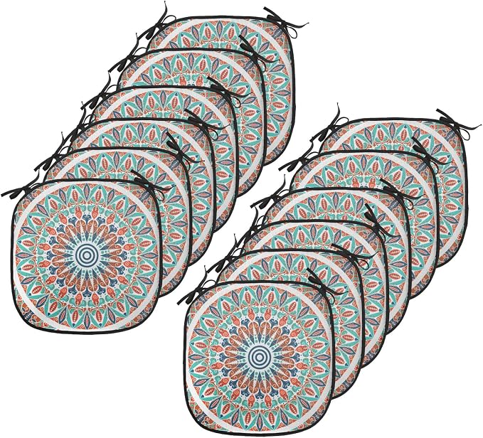 Lunarable Moroccan Chair Cushion Pads Set 12, Floral Geometry Complex Design Medallion Middle Ages Tribal Art, Anti-Slip Seat Padding for Kitchen & Patio, 16"x16", Turquoise Dark Blue