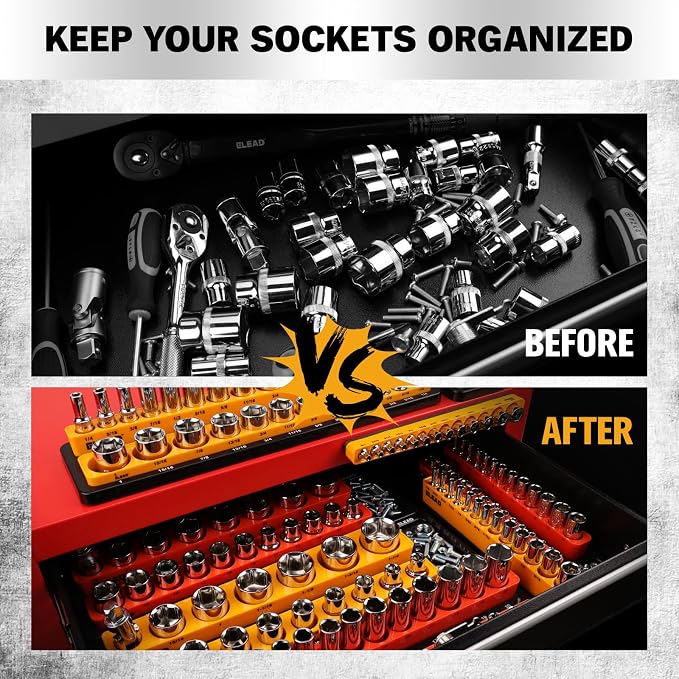 ELEAD Magnetic Socket Holder Organizer Set - 6-Piece Durable 1/2, 1/4, 3/8 Inch Drive Holder, Tool Box Storage Tray for Wrench, Screwdriver, Mechanic Tools, Portable Toolbox Accessory