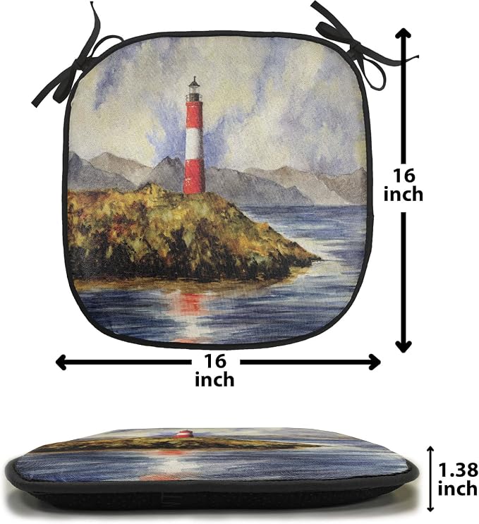 Lunarable Lighthouse Chair Cushion Pads Set 12, Les Eclaireurs Lighthouse Coastline Seashore Mountains Cliff Painting Effect, Anti-Slip Seat Padding for Kitchen & Patio, 16"x16", Blue Red Green