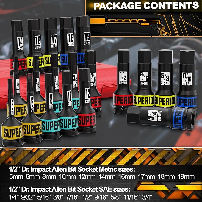 1/2" Drive Master Impact Hex Bit Socket Set, Metric & SAE, 20-Piece 1/2 Inch Drive Impact Allen Bit Socket Set, 5mm - 19mm & 1/4" - 3/4", Cr-Mo Steel, Heavy Duty Storage Case