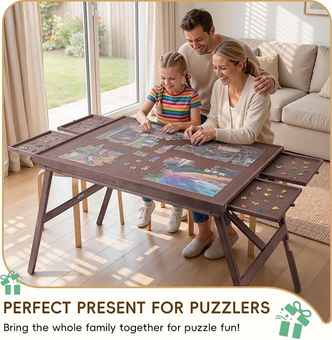 TEAKMAMA 27.6" H 1500Pcs Puzzle Table with Legs,4 Drawers for Adults,Brown | 34.3" W x 26.5" D Wood Folding Jigsaw Puzzle Board with Protective Cover