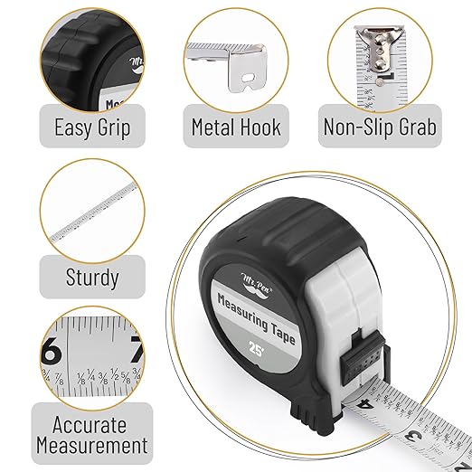 Mr. Pen- Retractable Tape Measure 25 ft, White, Easy Read, Steel Retractable Measuring Tape with Fractions, Ideal for Construction & DIY Projects