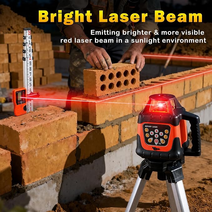 Red Rotary Laser Level 2000ft, 360 Degree Self Leveling Laser Level Kit with Receiver Remote Control and Surveying Tripod 16.4ft Staff, 5 Rotation Speeds& 4 Angles Adjustment,IP66 Waterproof