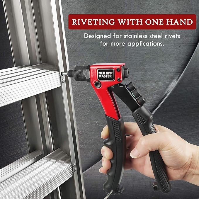 NEU MASTER Rivet Gun with 200Pcs Rivets, Manual Rivet Gun Kit with 4 Tool-Free Interchangeable Rivet Heads, BMC Case, Heavy Duty Single Hand Riveter for Plastic, Metal, Leather