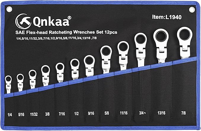 Qnkaa 12pcs Flexible Ratchet Wrenches Set SAE 1/4” to 7/8“ Inch Standard Spanners Gear Ring Ratcheting Combination Flexi Wrench Kit Flex Flexible Head
