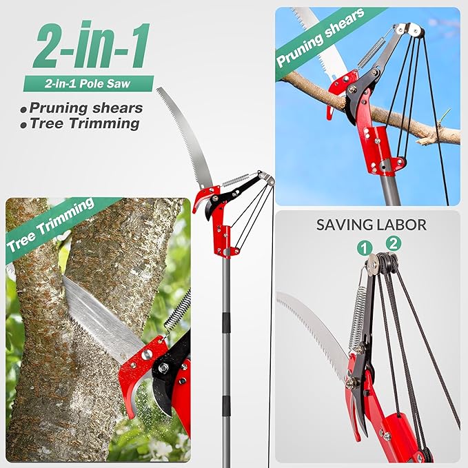 Suchtale Pole Saw 10FT, 2-in-1 Tree Pruner with Saw & Pruning Scissors, Quadruple Pulley Pole Trimmer for High Branch Cutting, Palm Tree, Fruit Tree & Shrub Pruning, Yard Garden Tree Care