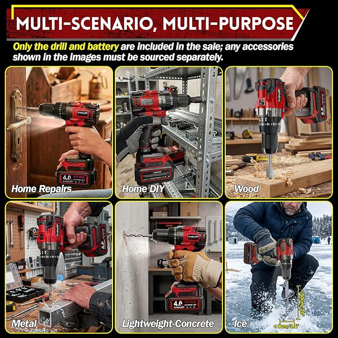 21V Cordless Hammer Drill - 1151In-lbs High Torque Brushless Drill Set w/ 1/2" Metal Chuck & 20+3 Clutch & 4.0Ah Battery & Case - Power Drills for Home Wood Metal Brick Lightweight-Concrete