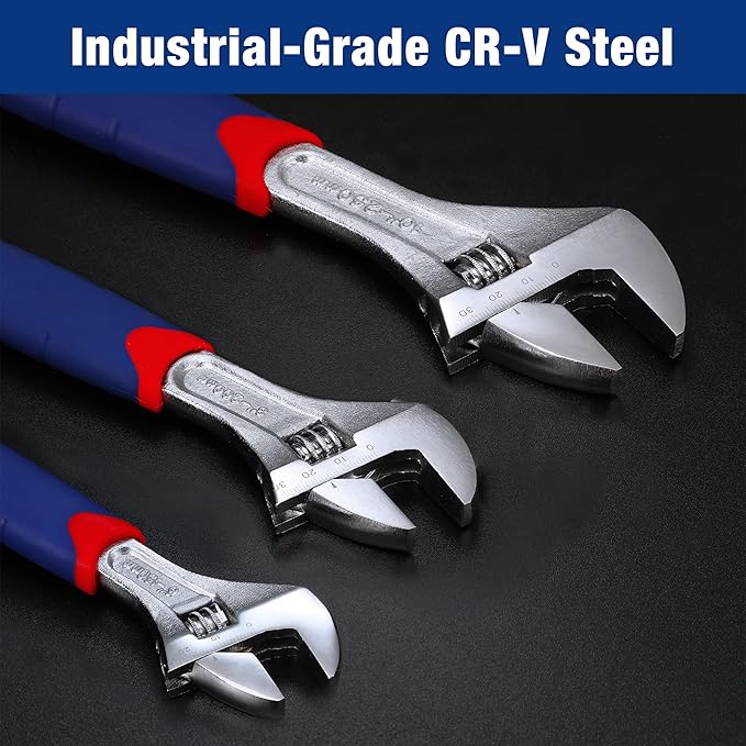 WORKPRO 3-piece Adjustable Wrench Set CR-V with Rubberized Anti-Slip Grips 10-inch, 8-inch, 6-inch