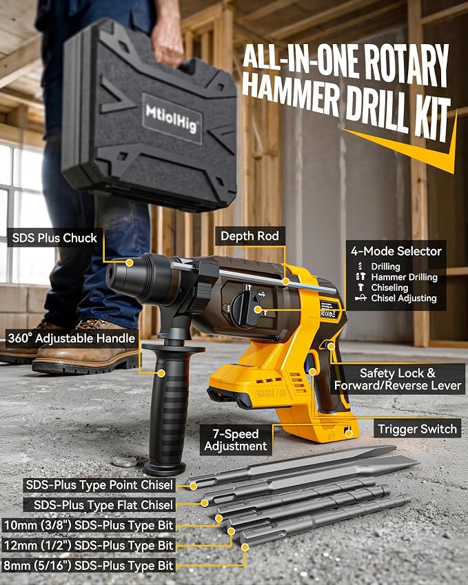 MtiolHig 1" SDS-Plus Cordless Rotary Hammer Drill Compatible with DEWALT 20V Battery, 3J Impact Energy Brushless Motor, 7-Speed Variable 4-Mode with 5 Chisel/Bit Set for Concrete/Masonry, Tool Only