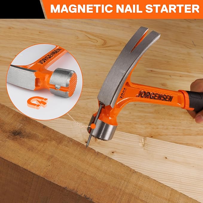 Jorgensen 20 oz Straight Claw Hammer with Magnetic Nail Holder, Rip Claw Hammer with Milled Face, Side Nail Puller, Shock Absorbing Grip, Heavy Duty One-piece Forged Hammer