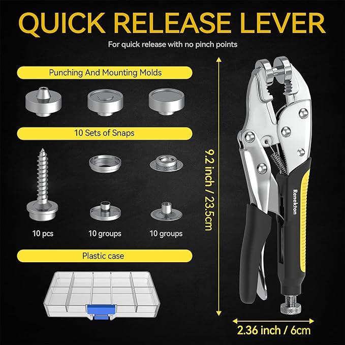 Reneklon Heavy Duty Snap Fastener Tool Kit w/3 Dies & 20 Snaps - Adjustable Press Pliers for Boat Covers, Canvas, Tarps, Leather Repair | Labor-Saving Professional Installer