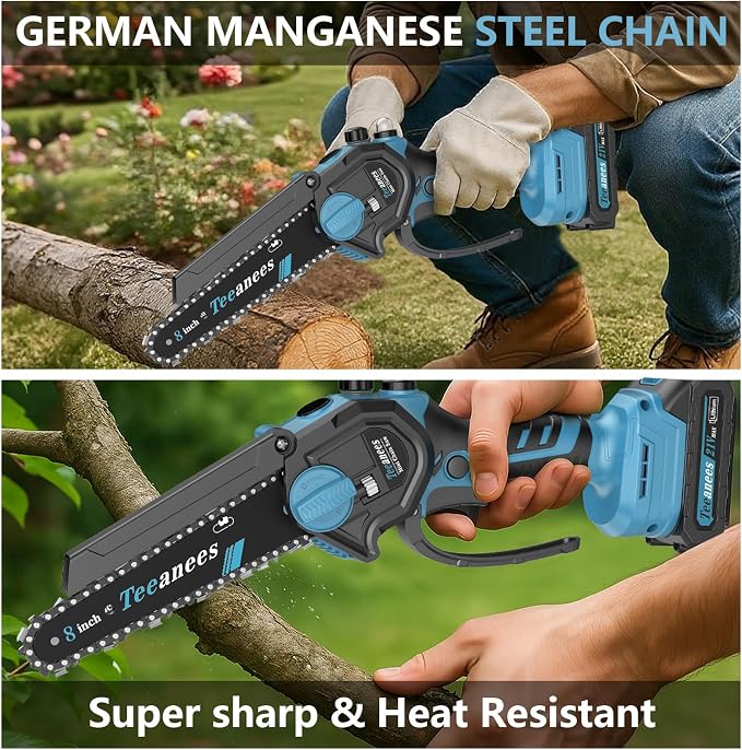 Mini Chainsaw Cordless with 2 Batteries & 8 Chains, Dual Guide Bars (8" & 6"), 1000W Electric Battery Powered Chain Saw for Tree Trimming, Wood Cutting, Garden Gift (Blue)